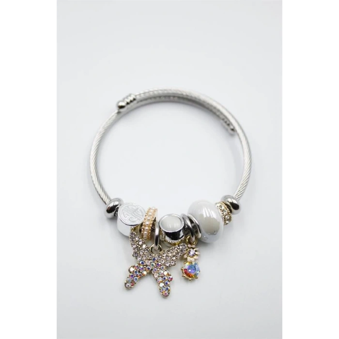 Çelik Charmlı Kelebek Bileklik - Beyaz