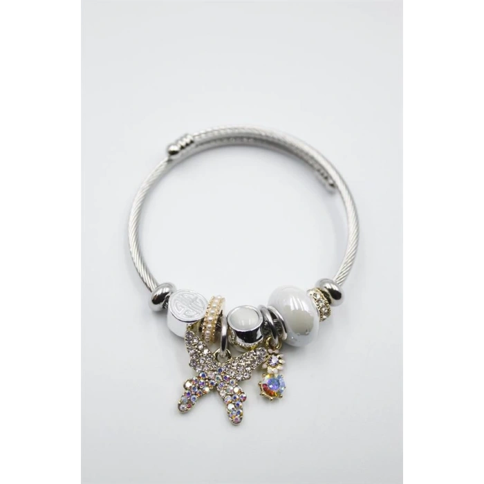 Çelik Charmlı Kelebek Bileklik - Beyaz