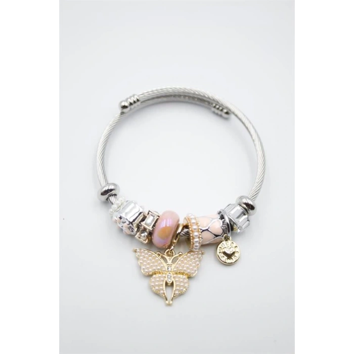 Çelik Charmlı Kelebek Bileklik - Pembe