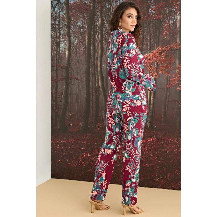 Çiçek ve Yaprak Desenli Önü Düğmeli Pijama Takımı