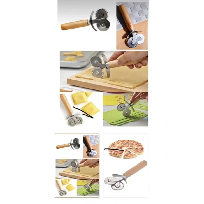 Çift Başlıklı Ahşap Saplı Pizza Kesici Hamur Kesici