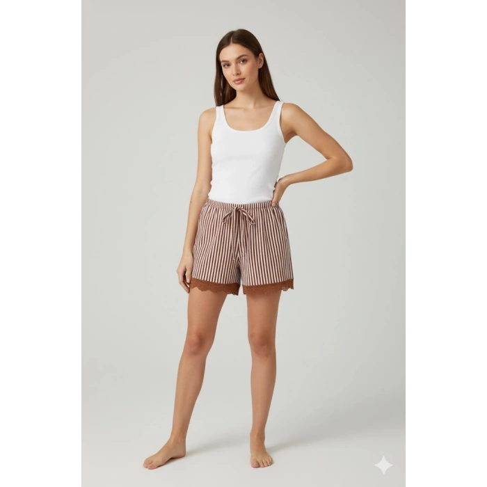 Çizgili Penye Kadın Ev Şortu Bacak Dantel Detaylı Ev Giyim Kahverengi