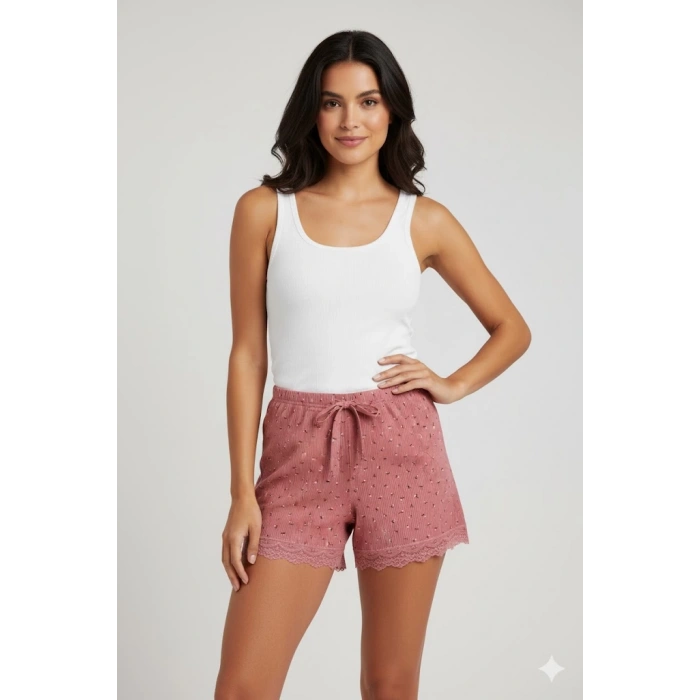 Düz Renk Mini Çiçek Desenli Penye Kadın Ev Şortu Bacak Dantel Detaylı Ev Giyim Pembe