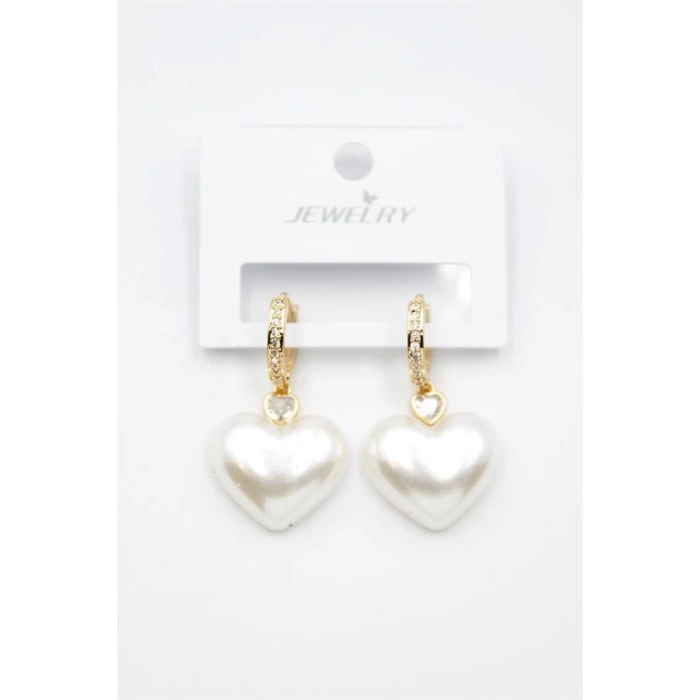 İnci Kalp Küpe - Altın