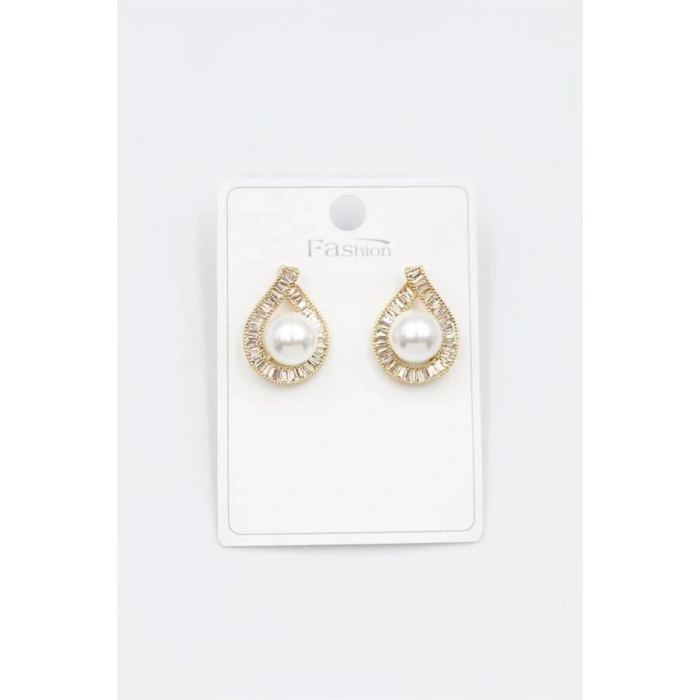 İncili Baget Taşlı Küpe - Altın