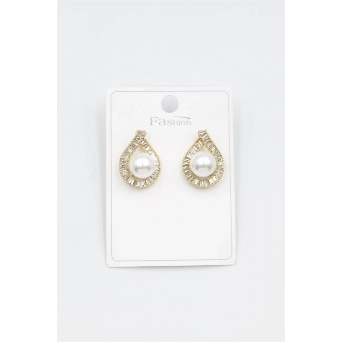 İncili Baget Taşlı Küpe - Altın