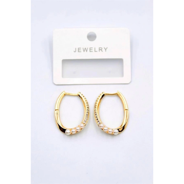 İncili Taşlı Halka Küpe - Altın