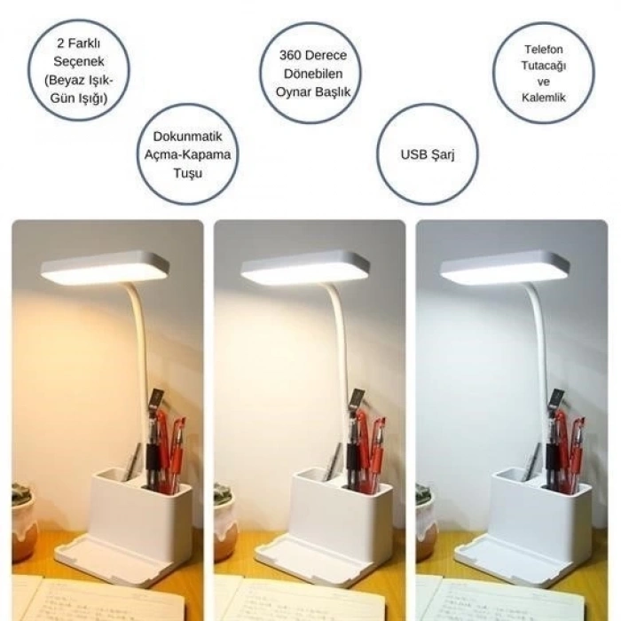 Kalemlikli USBli Dokunmatik 3 Kademeli 360 Derece Özel Göz Korumalı led Lityum Masa ası