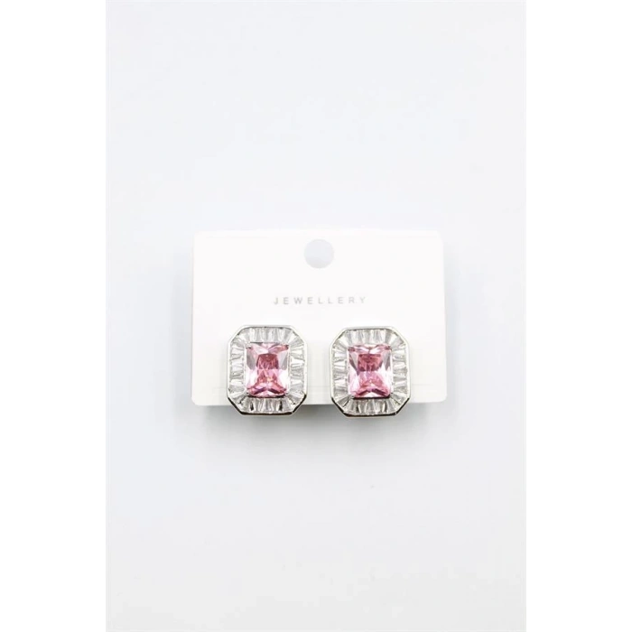 Kare Taşlı Küpe - Pembe