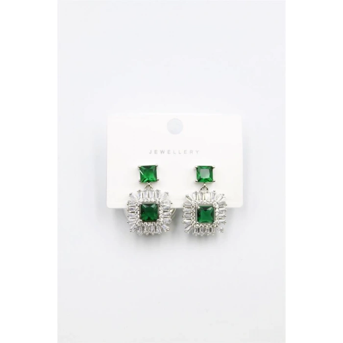 Kare Taşlı Küpe - Yeşil