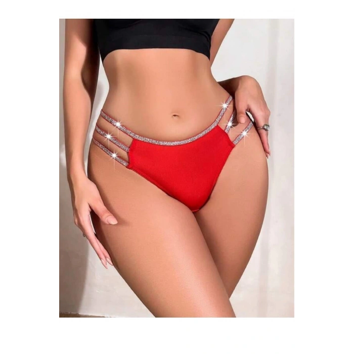 Kırmızı Simli Yanları Şeritli Şık Fantezi Külot