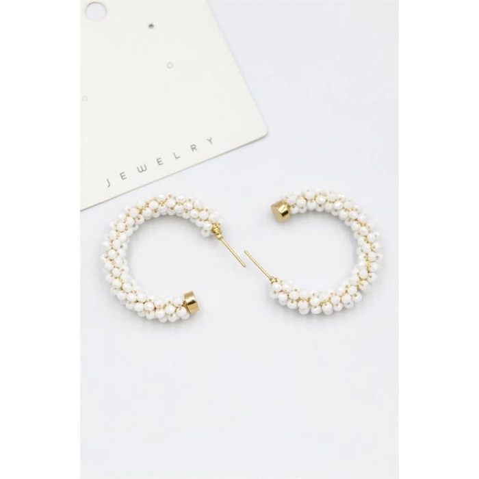 Kristal Boncuk Halka Küpe - Beyaz