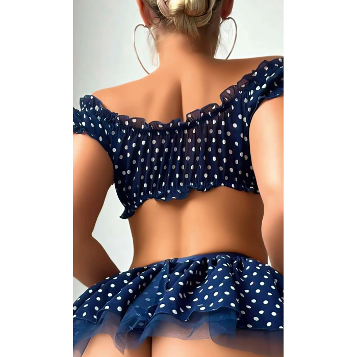 Lacivert Fırfır Etekli Puantiyeli Jartiyerli Fantezi Kostüm