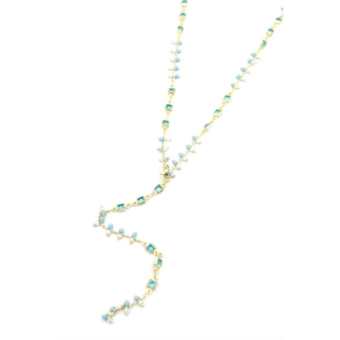 Mavi Taşlı Y Kolye - Altın