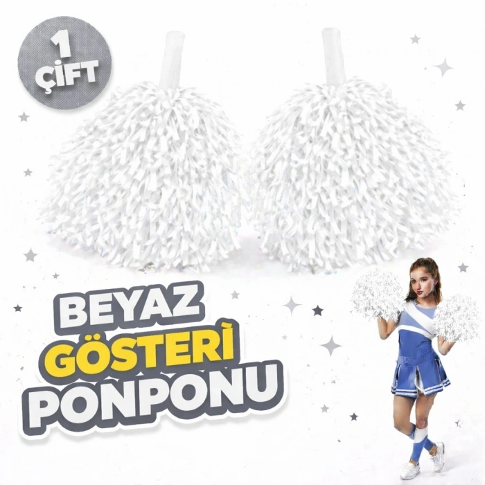 Mey İthalat® 1 Çift ( 2 Adet ) Beyaz Renk 23 Nisan 19 Mayıs 29 Ekim Okul Gösteri Ponponları Ekstra Dolgun