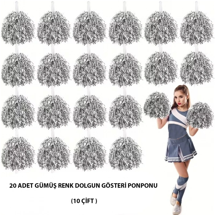 Mey İthalat® 10 Çift ( 20 Adet ) Gümüş Renk 23 Nisan 19 Mayıs 29 Ekim Okul Gösteri Ponponları