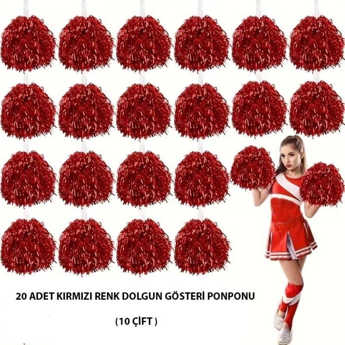 Mey İthalat® 10 Çift ( 20 Adet ) Kırmızı Renk 23 Nisan 19 Mayıs 29 Ekim Okul Gösteri Ponponları