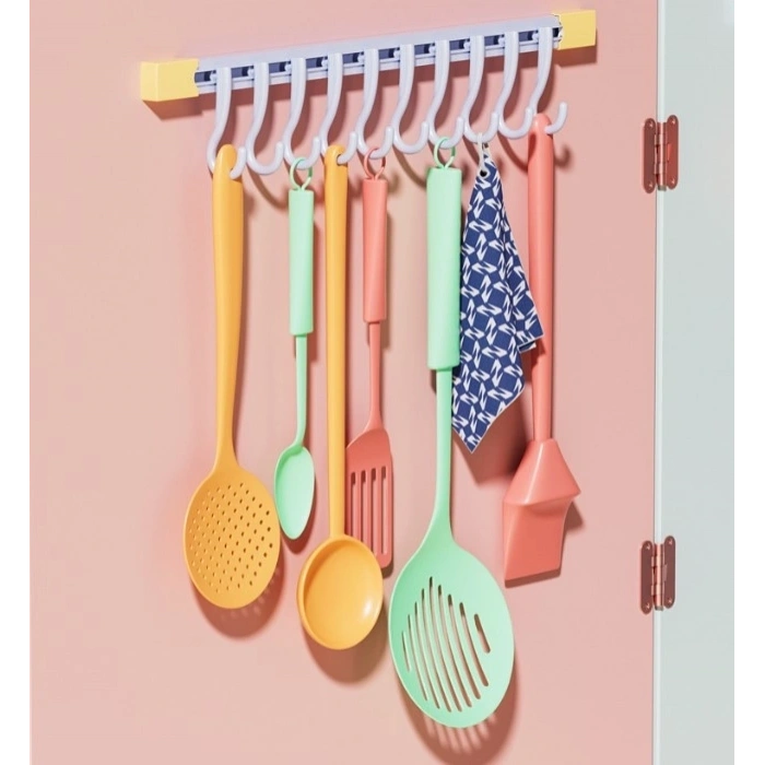 Mey İthalat® 10 Kancalı Raylı Mutfak ve Banyo Düzenleyici Askı 30 cm