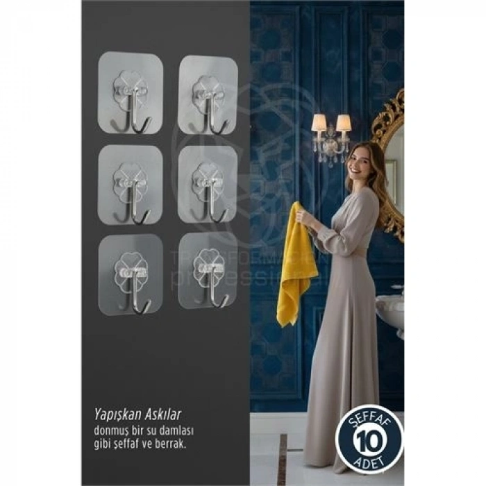 Mey İthalat® 10lu Şeffaf Yapışkanlı Askı, Mutfak Banyo Duvar Askısı, Çivisiz Pratik Kanca Seti