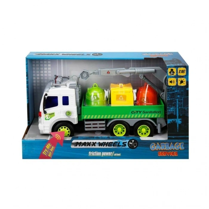 Mey İthalat® 13078 1:16 Maxx Wheels Sesli ve Işıklı Geri Dönüşüm Kamyonları