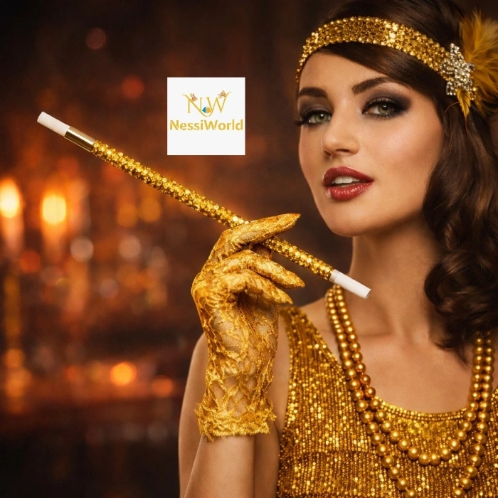 Mey İthalat® 30 cm Altın Gold Payetli Sigara Tutacağı – 1920’ler Gatsby Parti Aksesuarı