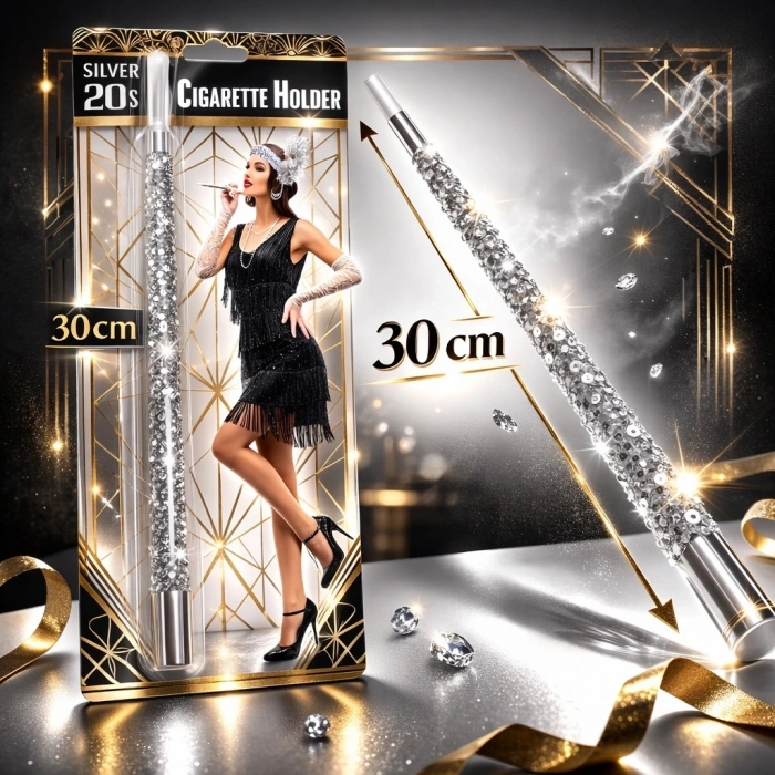 Mey İthalat® 30 cm Gümüş Payetli Sigara Tutacağı – 1920’ler Gatsby Parti Aksesuarı
