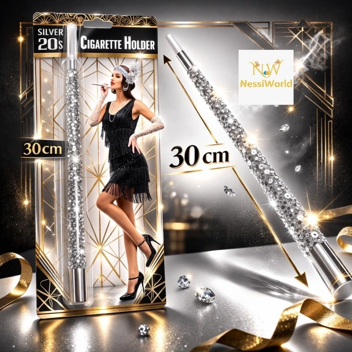Mey İthalat® 30 cm Gümüş Payetli Sigara Tutacağı – 1920’ler Gatsby Parti Aksesuarı