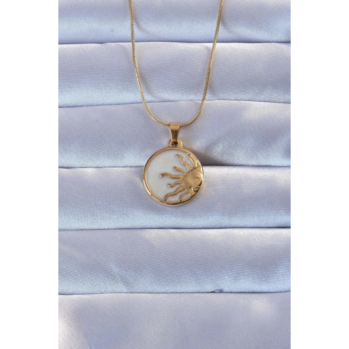 Mey İthalat® 316L Altın Renk Mineli Parlayan Güneş Kolye