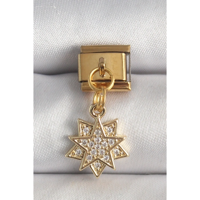 Mey İthalat® 316L Çelik Gold Renk Sallantı Zirkon Taşlı Yıldız Model Nomination Charm