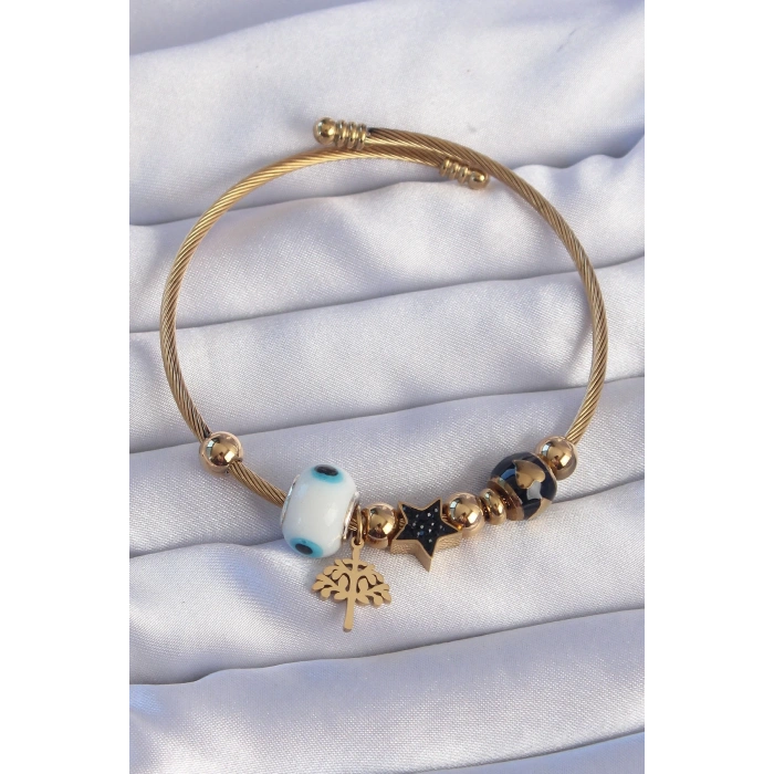 Mey İthalat® 316L Çelik Gold Renk Siyah Zirkon Taşlı Yıldız Tasarımlı Ağaç Detay Nazarlı Charm Bileklik