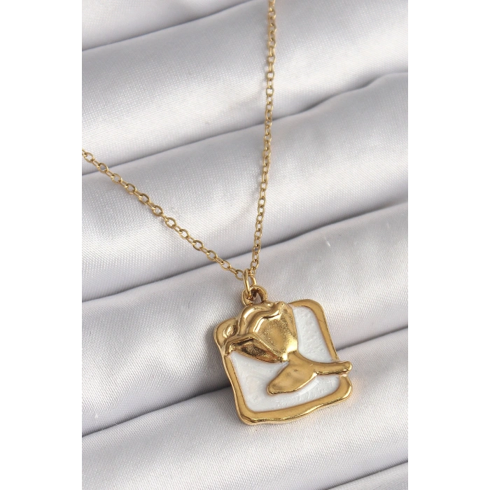 Mey İthalat® 316L Çelik Gold Renk Zincir Beyaz Mineli Gül Portre Model Kadın Kolye