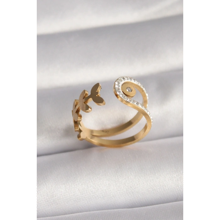 Mey İthalat® 316L Çelik Gold Renk Zirkon Taşlı Yaprak Model Kadın Yüzük
