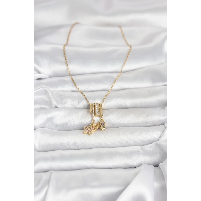 Mey İthalat® 316L Çelik Gold Zirkon Taşlı Deniz Tema Charmlı Kadın Kolye