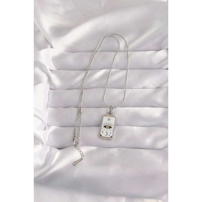 Mey İthalat® 316L Çelik Gümüş Renk Beyaz Mineli Göz Figür Tarot Kolye