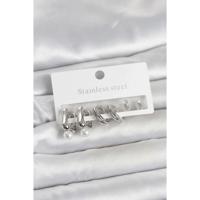 Mey İthalat® 316L Çelik Gümüş Renk Kadın Küpe Seti