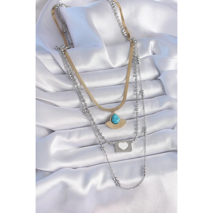 Mey İthalat® 316L Çelik Mix Renk 3lü Zincir Damla Madalyon Figür Uzun Kadın Kolye