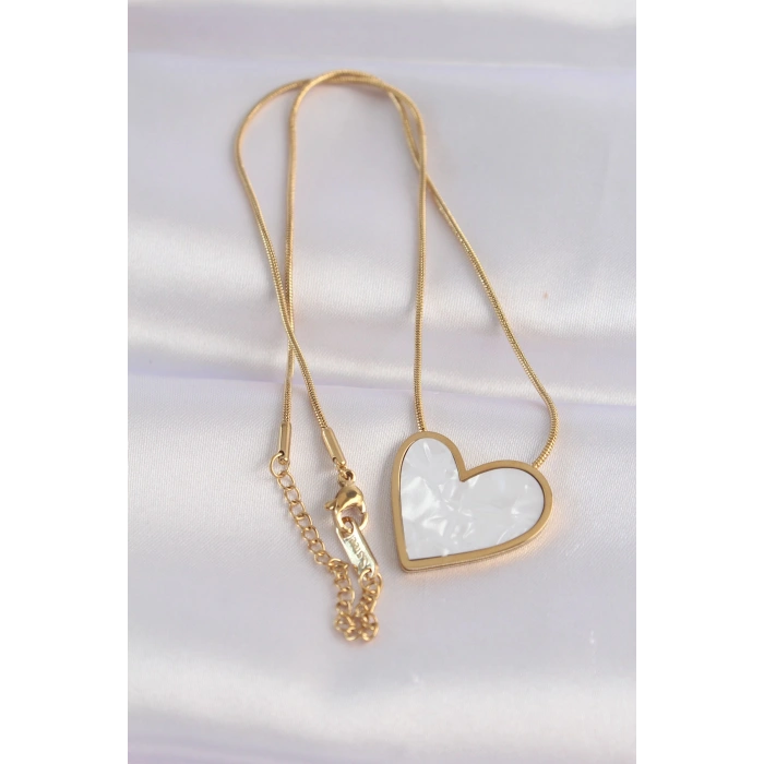 Mey İthalat® 316L Çelik Zincir Altın Renk Mermer Desenli Kalp Kolye