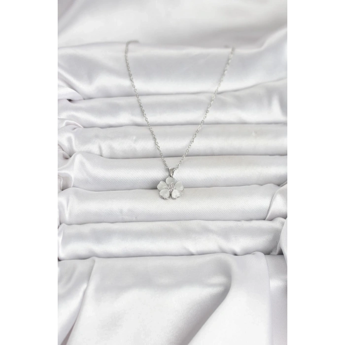 Mey İthalat® 316L Çelik Zincir Gümüş Renk Yonca Model Kadın Kolye