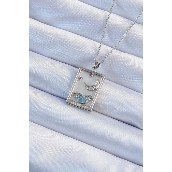 Mey İthalat® 316L Çelik Zincir Gümüş Renk Zirkon Taşlı Ay Figürlü Tarot Kolye