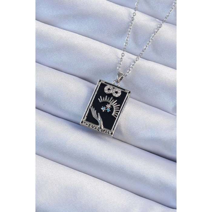 Mey İthalat® 316L Çelik Zincir Gümüş Renk Zirkon Taşlı Sonsuzluk Figürlü Tarot Kolye