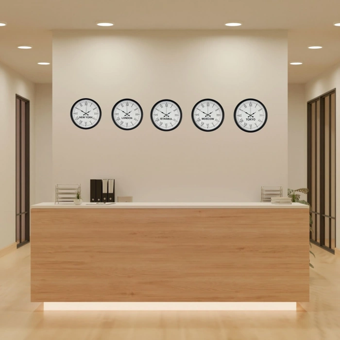 Mey İthalat® 36 cm 5’li Dünya Saatleri Siyah Şık