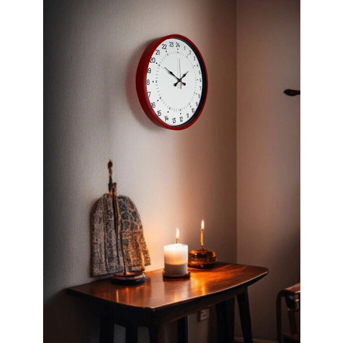 Mey İthalat® 36 Cm Kırmızı 24 Saat Göstergeli Özel Tasarım Duvar Saati