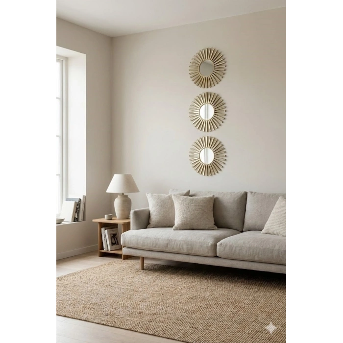 Mey İthalat® 3’lü Gold Güneş Desenli Duvar Aynası Seti 27 cm | Dekoratif Yuvarlak Ayna