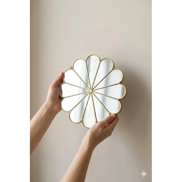 Mey İthalat® 3’lü Gold Güneş Desenli Duvar Aynası Seti 27 cm | Dekoratif Yuvarlak Ayna