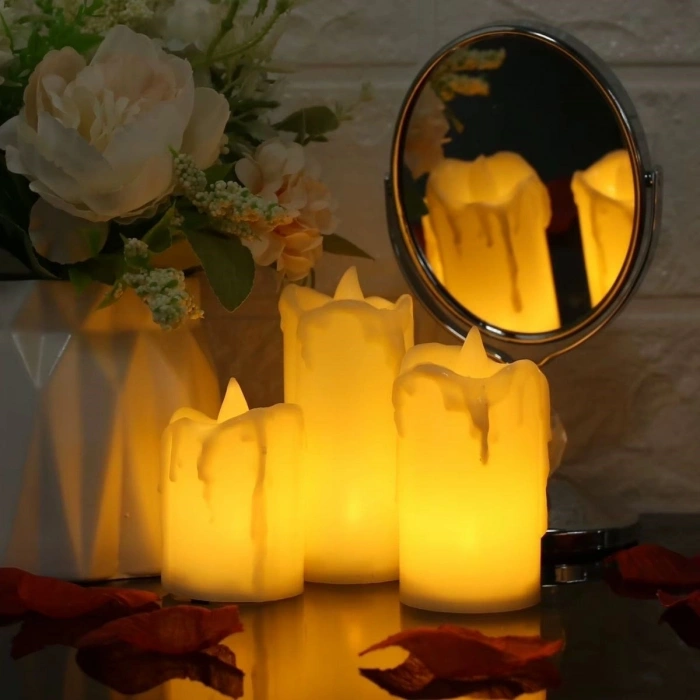 Mey İthalat®  3’lü Pilli Dekoratif LED Mum Işıkları – Gerçek Alev Efektli