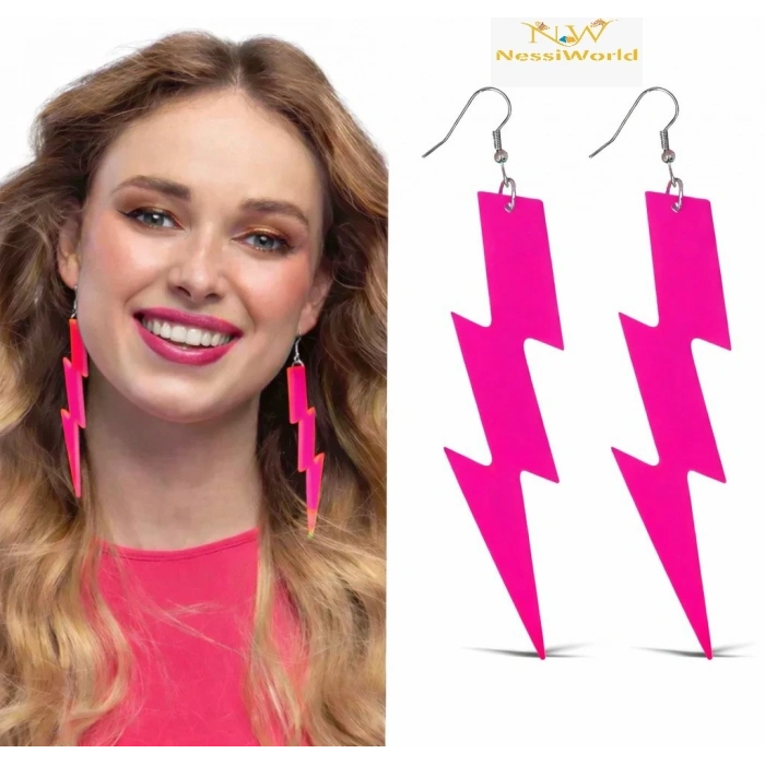 Mey İthalat® 80’ler 90'lar Retro Neon Pembe Şimşek Küpe 10 cm