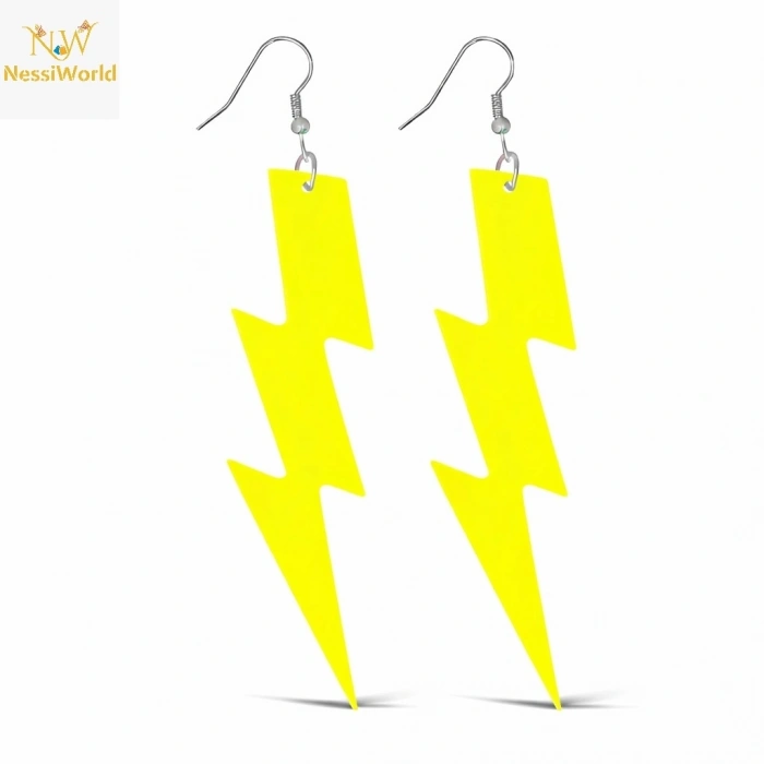 Mey İthalat® 80’ler 90'lar Retro Neon Sarı Şimşek Küpe 10 cm