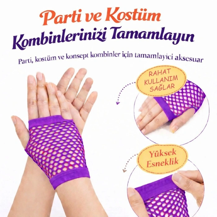 Mey İthalat® 80’ler 90’lar Retro Mor File Parmaksız Kısa Eldiven 11 cm