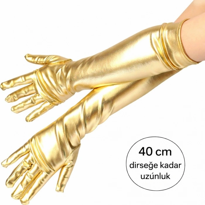 Mey İthalat® Altın Renk Dirsek Altı Lüks Saten Eldiven 40 cm