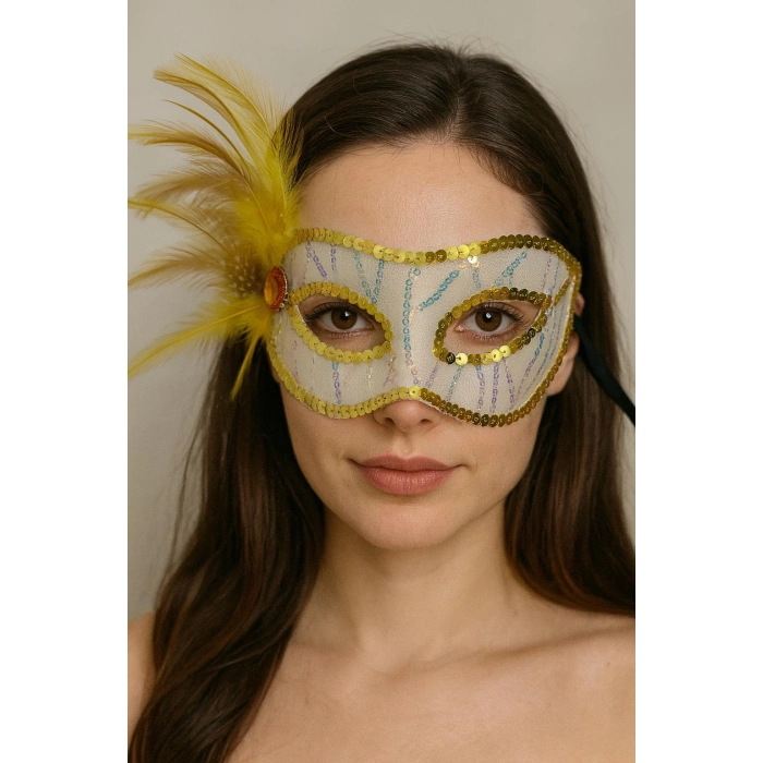 Mey İthalat® Altın Renk Yandan Tüylü Pul Payet İşlemeli Parti Maskesi 23x12 cm